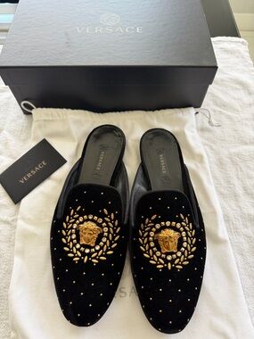 Versace Black Velvet Slip-On Loafers with Gold Medusa Accents